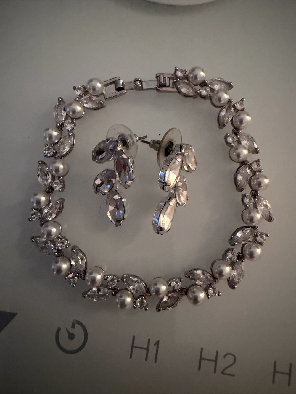 Crystal & Pearl Bridal Bracelet and Drop Earrings Set - Silver Tone
